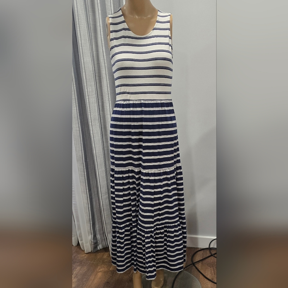987 Lands' End Sleeveless Tiered Maxi Dress Size XP NAVY STRIPE Coastal